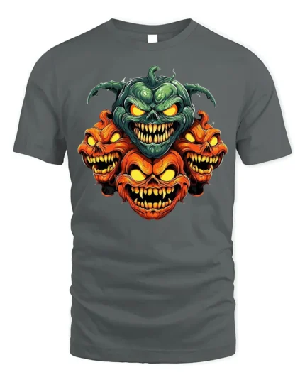 Evil Pumpkin Monster Faces Halloween Tshirt Style - gray t-shirt on white background