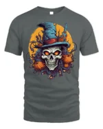 Halloween Skull Witch Hat Pumpkin Tshirt Style - gray t-shirt on white background