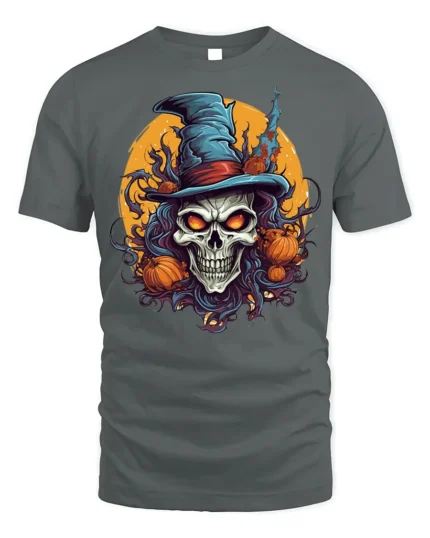 Halloween Skull Witch Hat Pumpkin Tshirt Style - gray t-shirt on white background