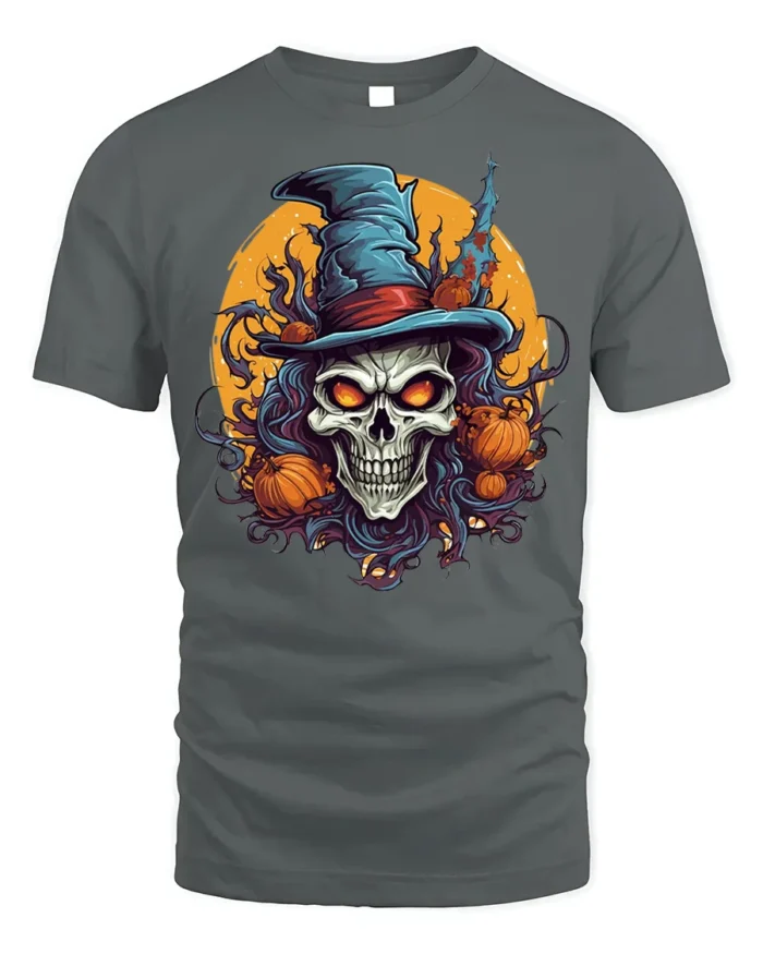 Halloween Skull Witch Hat Pumpkin Tshirt Style - gray t-shirt on white background
