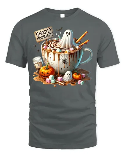 Ghostly Mocha Latte Halloween Coffee Tshirt Style - gray t-shirt on white background