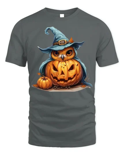 Halloween Owl Pumpkin Witch Hat Tshirt Style - gray t-shirt on white background