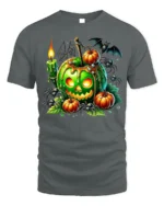 Green Pumpkin Candle Halloween Horror Tshirt Style - gray t-shirt on white background