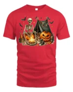 Skeleton Campfire Pumpkin Halloween Tshirt Style - red t-shirt on white background