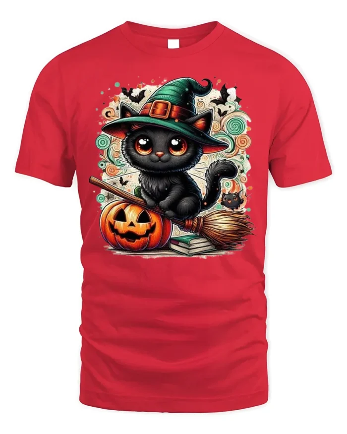 Halloween Black Cat Witch Hat Pumpkin Tshirt - red t-shirt on white background