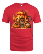 Pumpkin House Autumn Halloween Tshirt Style - red t-shirt on white background