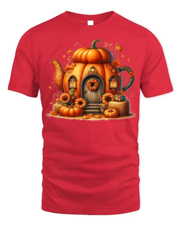 Pumpkin House Autumn Halloween Tshirt Style - red t-shirt on white background