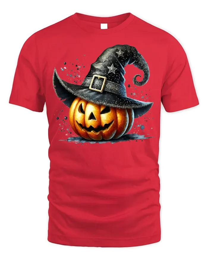 Pumpkin Witch Hat Halloween Jack O Lantern Tshirt - red t-shirt on white background