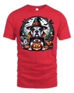 Bulldog Witch Hat Pumpkin Halloween Tshirt Style - red t-shirt on white background