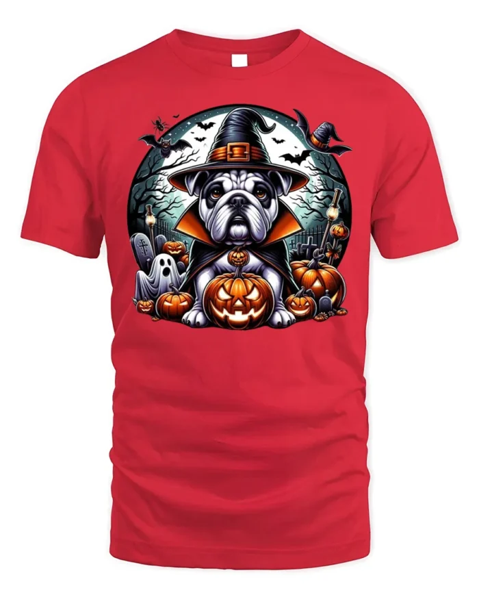 Bulldog Witch Hat Pumpkin Halloween Tshirt Style - red t-shirt on white background