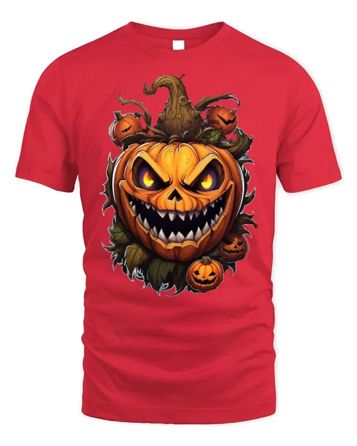 Scary Evil Pumpkin Face Halloween Horror Tshirt - red t-shirt on white background
