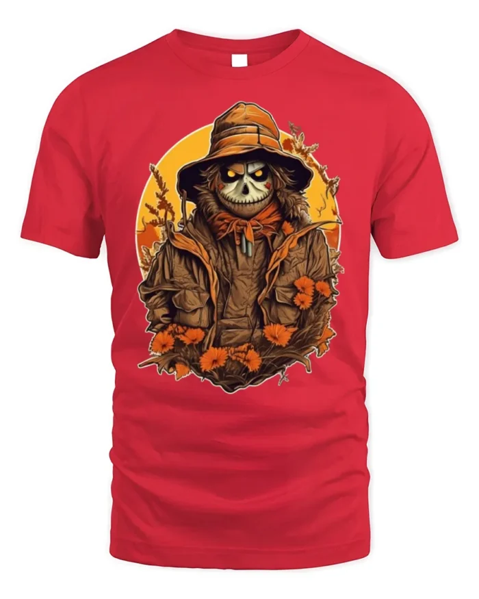 Creepy Scarecrow Skeleton Halloween Tshirt Style - red t-shirt on white background