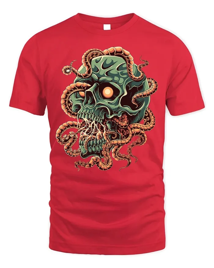 Creepy Skull Tentacles Horror Tshirt Graphic Style - red t-shirt on white background
