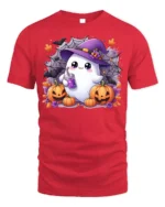 Cute Ghost Witch Hat Pumpkin Halloween Tshirt - red t-shirt on white background