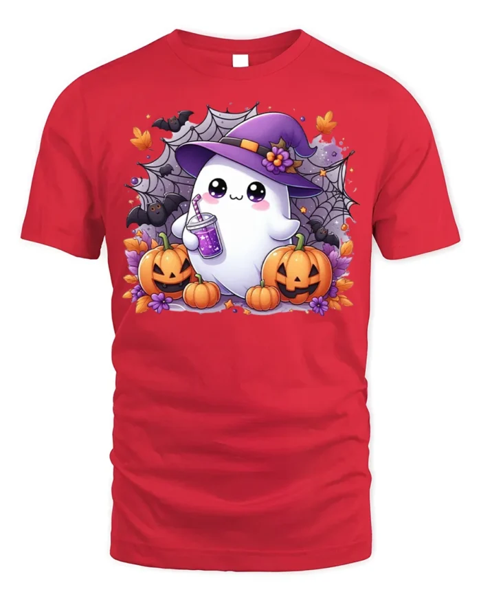 Cute Ghost Witch Hat Pumpkin Halloween Tshirt - red t-shirt on white background