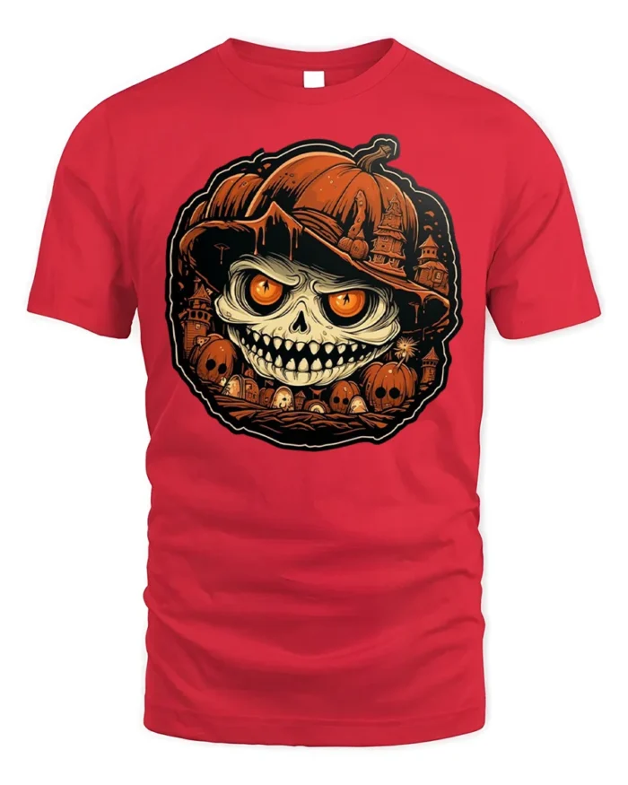 Evil Pumpkin Skull Halloween Horror Tshirt Style - red t-shirt on white background