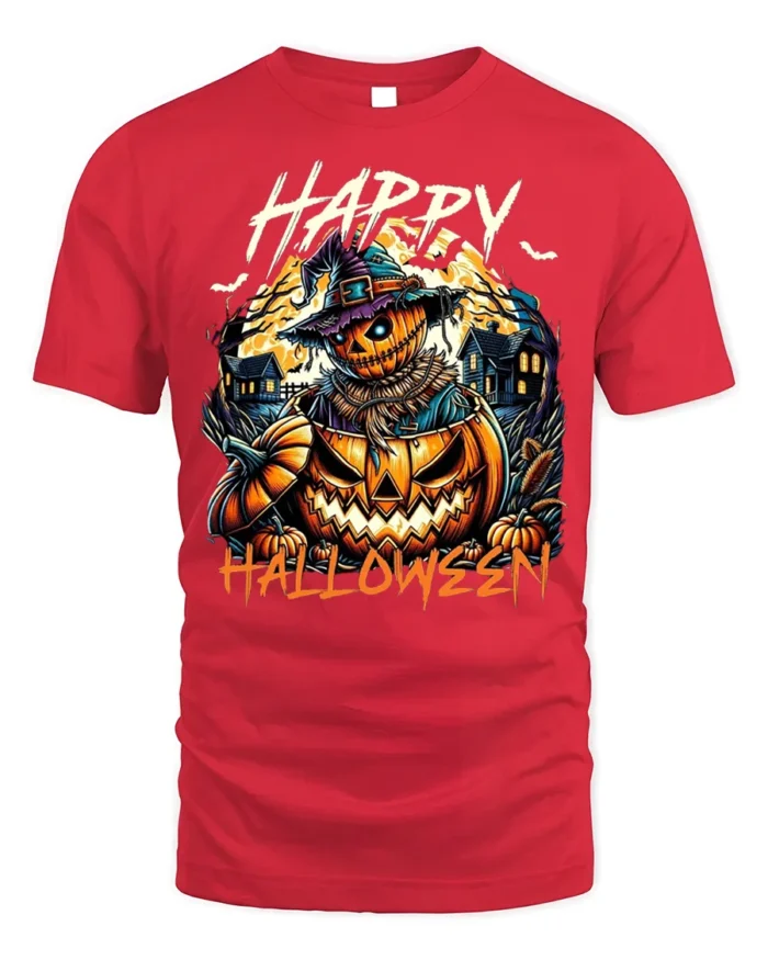 Scary Pumpkin Scarecrow Halloween Tshirt Style - red t-shirt on white background