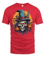 Halloween Skull Witch Hat Pumpkin Tshirt Style - red t-shirt on white background
