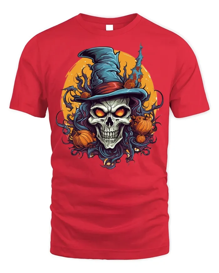 Halloween Skull Witch Hat Pumpkin Tshirt Style - red t-shirt on white background
