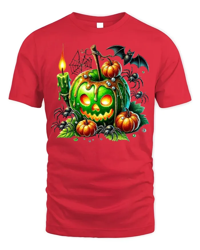 Green Pumpkin Candle Halloween Horror Tshirt Style - red t-shirt on white background