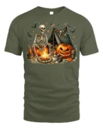 Skeleton Campfire Pumpkin Halloween Tshirt Style - military green t-shirt on white background