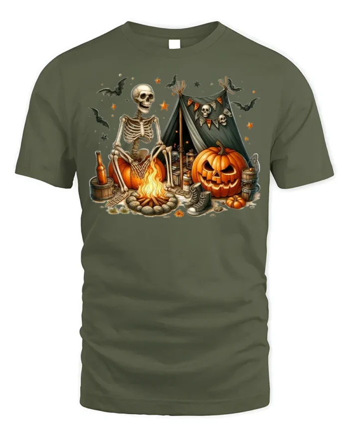 Skeleton Campfire Pumpkin Halloween Tshirt Style - military green t-shirt on white background