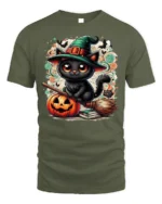 Halloween Black Cat Witch Hat Pumpkin Tshirt - military green t-shirt on white background