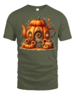 Pumpkin House Autumn Halloween Tshirt Style - military green t-shirt on white background