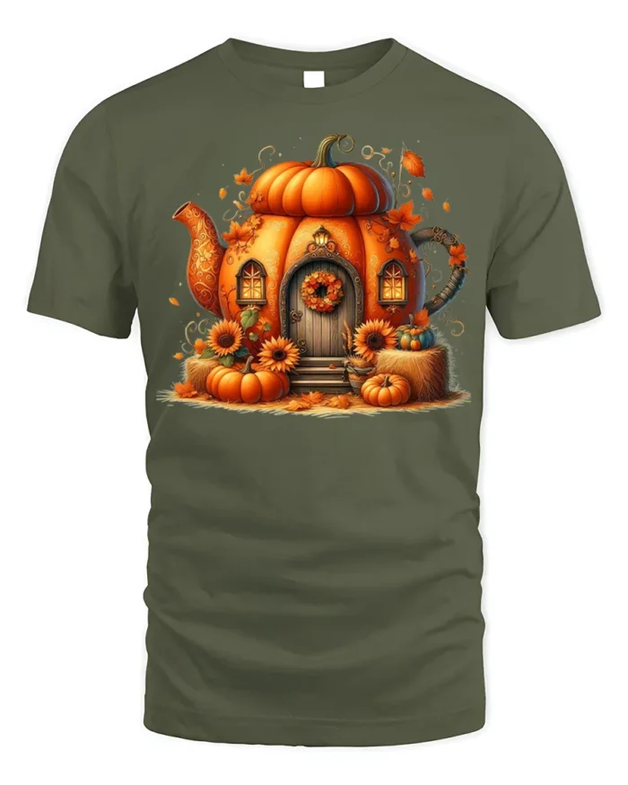 Pumpkin House Autumn Halloween Tshirt Style - military green t-shirt on white background