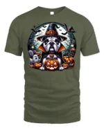 Bulldog Witch Hat Pumpkin Halloween Tshirt Style - military green t-shirt on white background