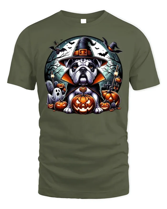 Bulldog Witch Hat Pumpkin Halloween Tshirt Style - military green t-shirt on white background