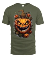 Scary Evil Pumpkin Face Halloween Horror Tshirt - military green t-shirt on white background