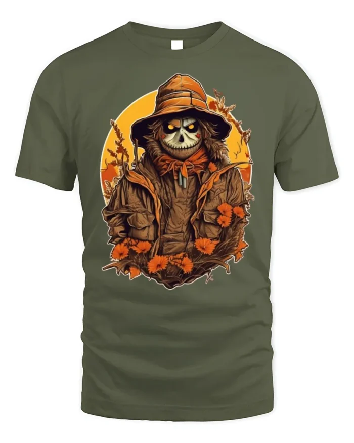 Creepy Scarecrow Skeleton Halloween Tshirt Style - military green t-shirt on white background