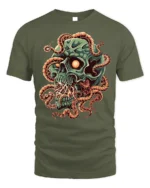 Creepy Skull Tentacles Horror Tshirt Graphic Style - military green t-shirt on white background