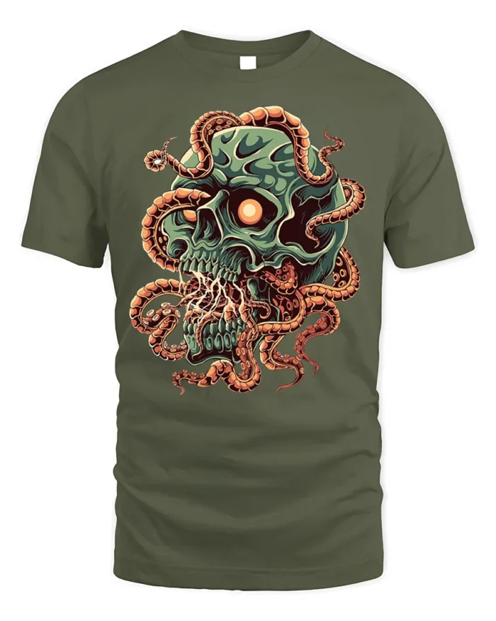 Creepy Skull Tentacles Horror Tshirt Graphic Style - military green t-shirt on white background