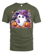 Cute Ghost Witch Hat Pumpkin Halloween Tshirt - military green t-shirt on white background