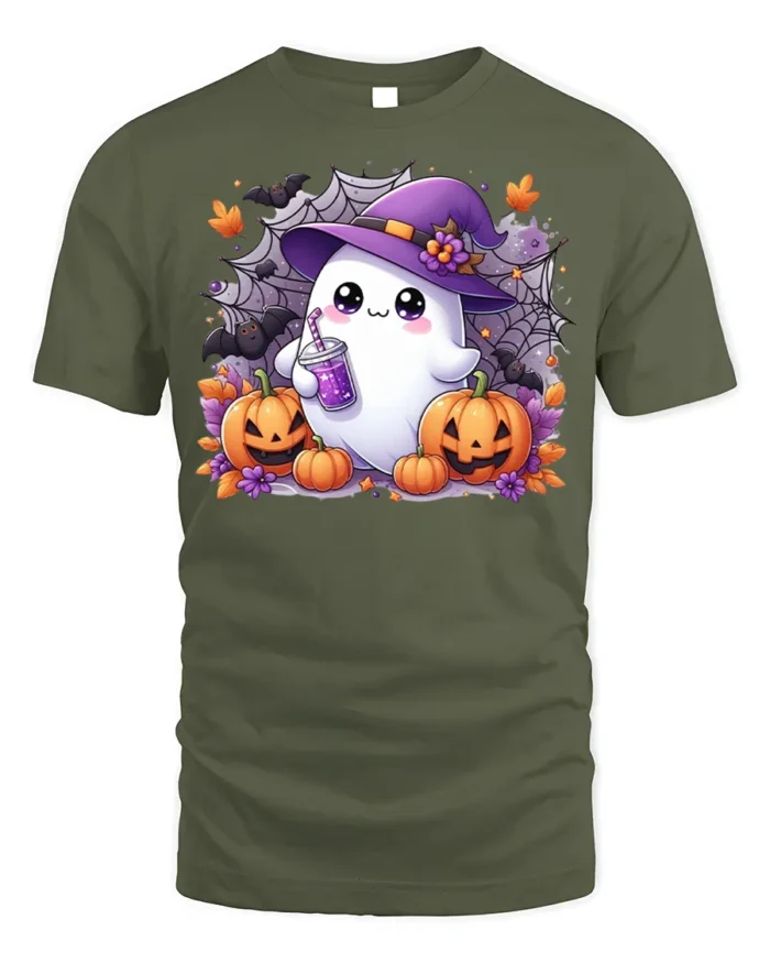 Cute Ghost Witch Hat Pumpkin Halloween Tshirt - military green t-shirt on white background