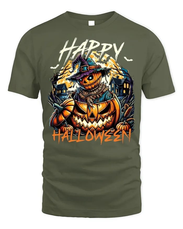 Scary Pumpkin Scarecrow Halloween Tshirt Style - military green t-shirt on white background
