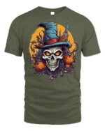 Halloween Skull Witch Hat Pumpkin Tshirt Style - military green t-shirt on white background