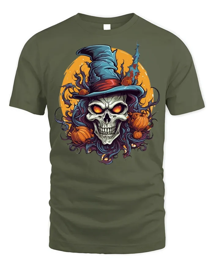 Halloween Skull Witch Hat Pumpkin Tshirt Style - military green t-shirt on white background