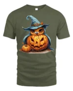 Halloween Owl Pumpkin Witch Hat Tshirt Style - military green t-shirt on white background