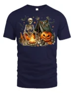 Skeleton Campfire Pumpkin Halloween Tshirt Style - navy t-shirt on white background