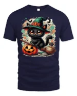 Halloween Black Cat Witch Hat Pumpkin Tshirt - navy t-shirt on white background