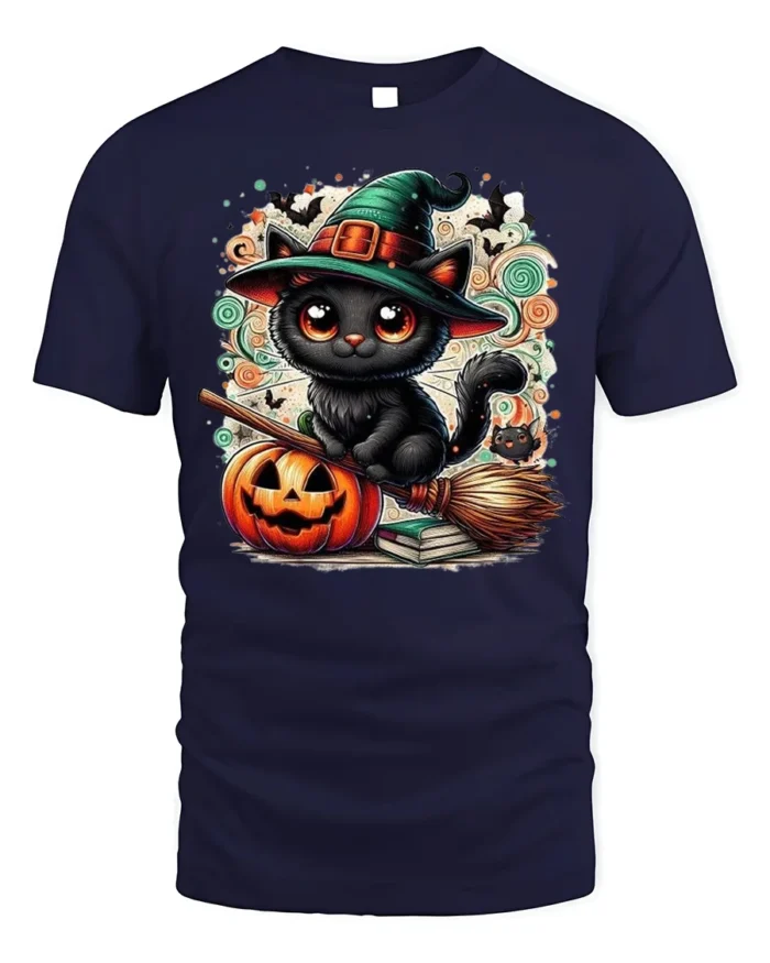 Halloween Black Cat Witch Hat Pumpkin Tshirt - navy t-shirt on white background