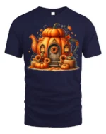 Pumpkin House Autumn Halloween Tshirt Style - navy t-shirt on white background