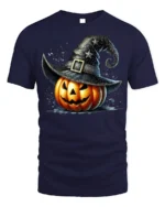 Pumpkin Witch Hat Halloween Jack O Lantern Tshirt - navy t-shirt on white background
