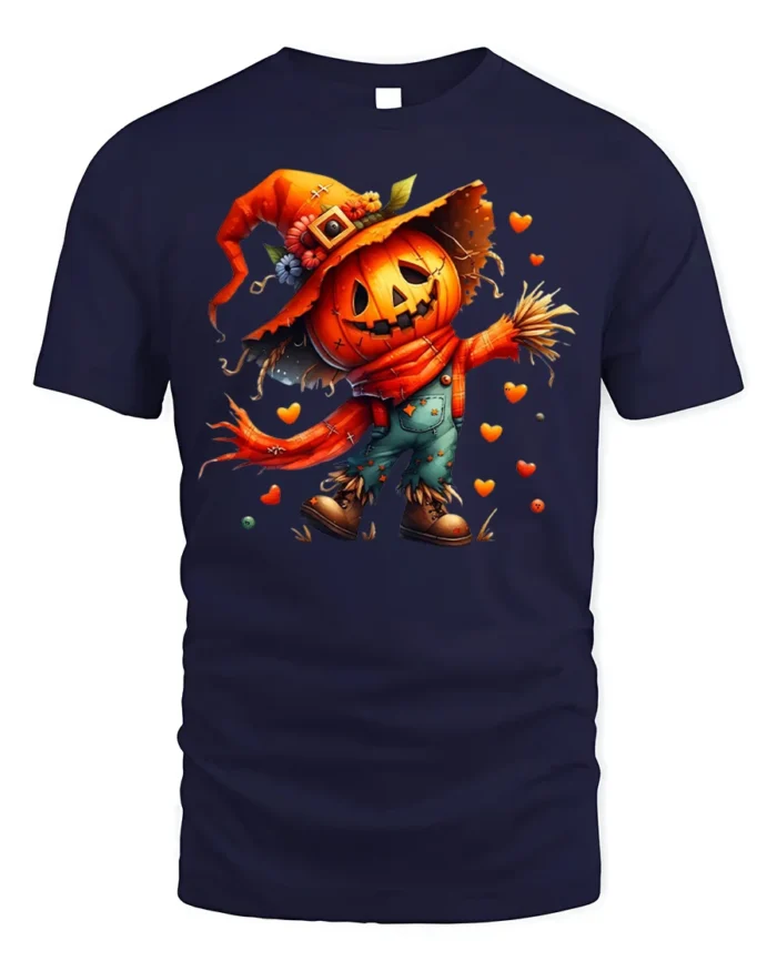 Pumpkin Scarecrow Halloween Tshirt Cute Spooky Style - navy t-shirt on white background