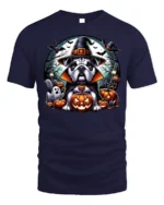 Bulldog Witch Hat Pumpkin Halloween Tshirt Style - navy t-shirt on white background