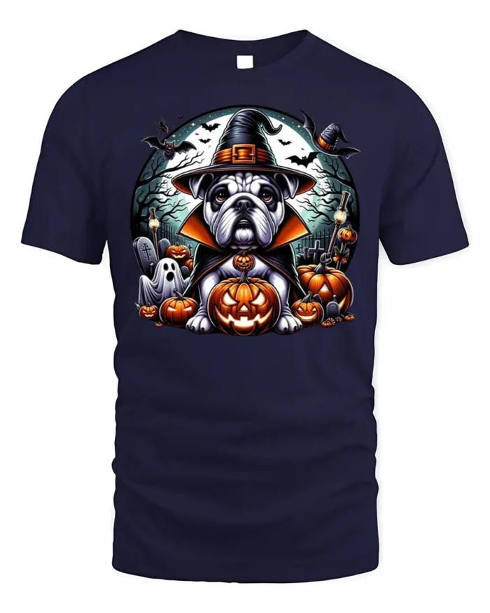 Bulldog Witch Hat Pumpkin Halloween Tshirt Style - navy t-shirt on white background