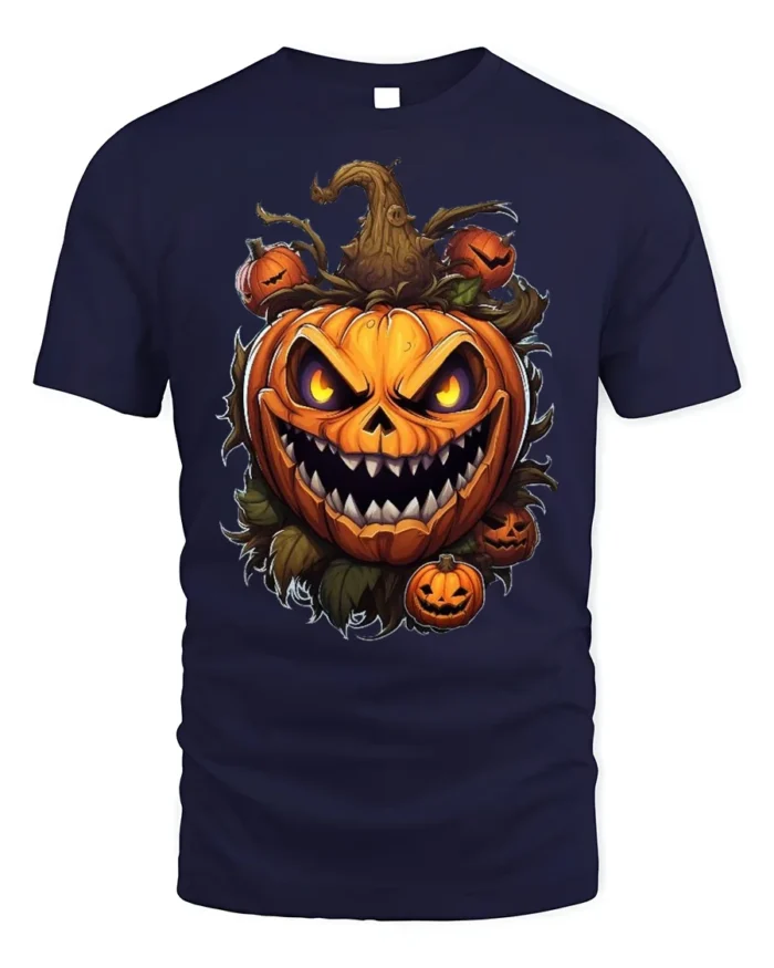 Scary Evil Pumpkin Face Halloween Horror Tshirt - navy t-shirt on white background
